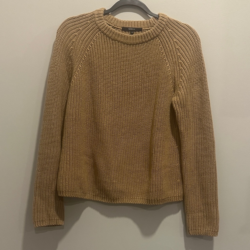 Quince Classic 100% Organic Cotton Camel Tan Fisherman Crew Neck Sweater